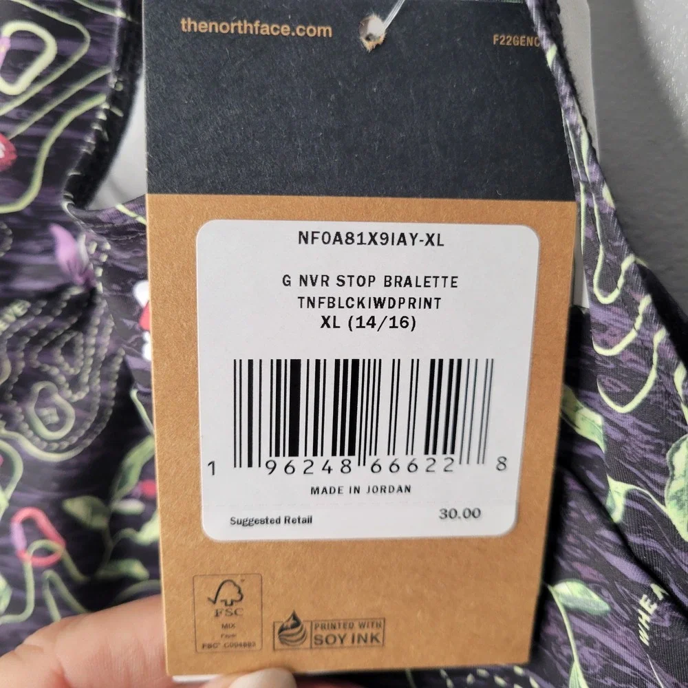 North Face Girls Never‎ Stop Bralette XL 14/16 Black Floral Athletic Performance